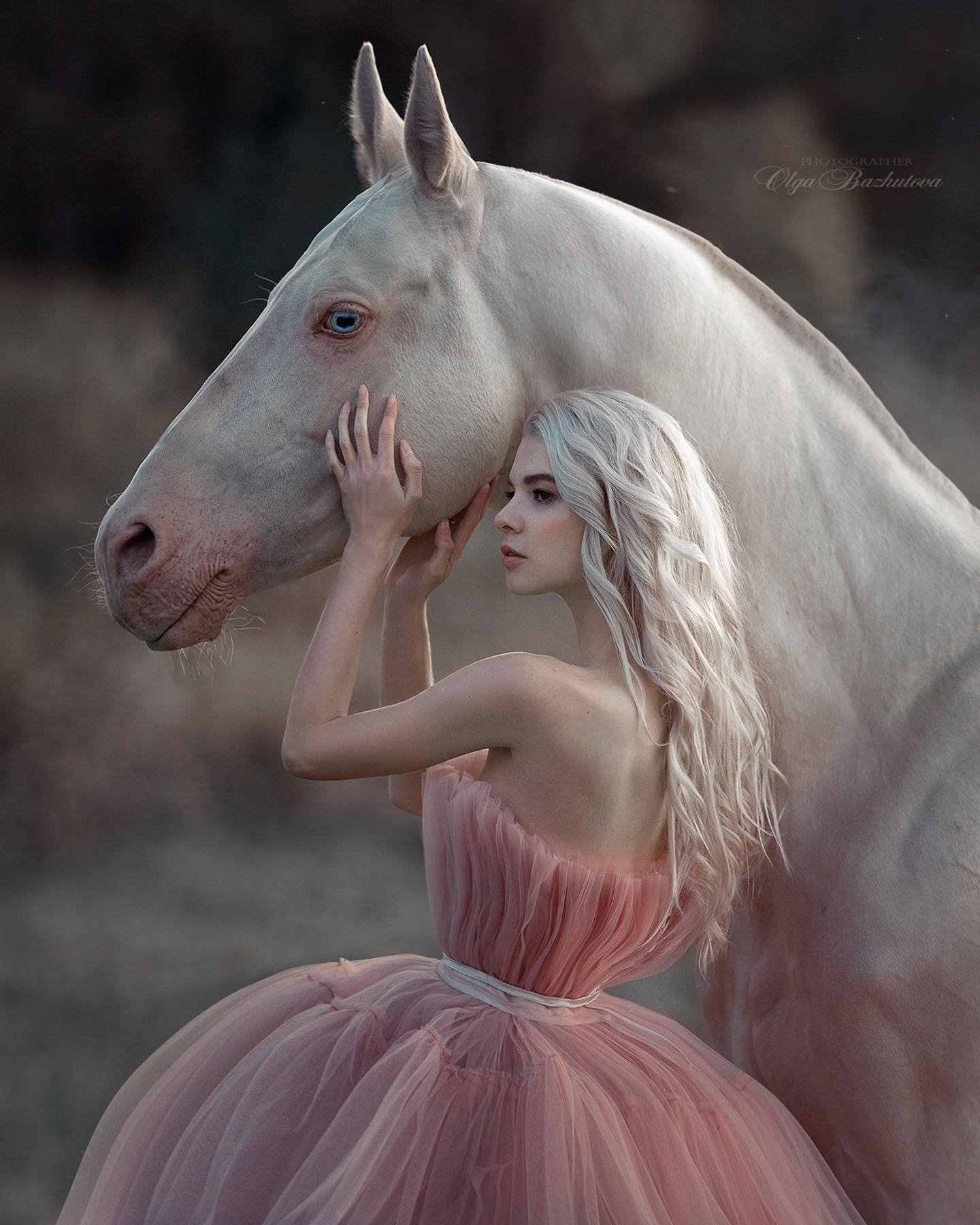Olga Bazhutova fotografia equestre - Modelo posando de vestido rosa bailarina